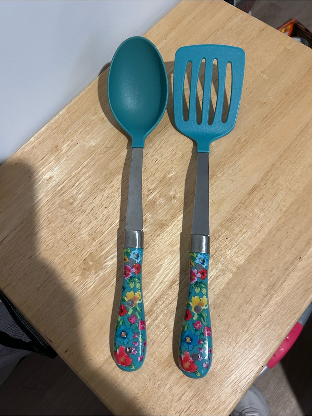 Pioneer woman Teal Floral Handle Kitchen Utensils - Spoon & Slotted Spatula